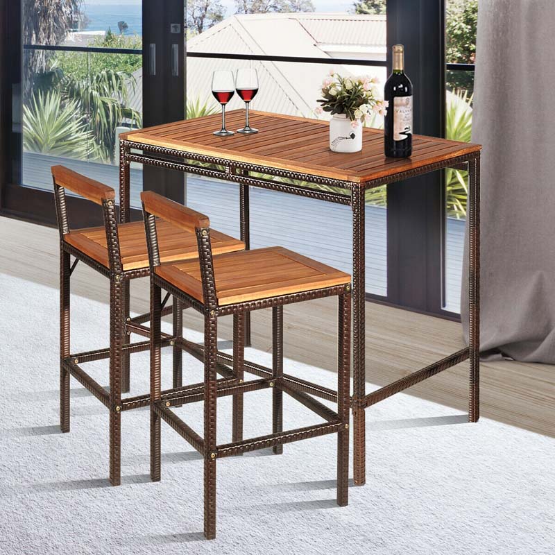 3 Pcs Rattan Wicker Patio Bar Set Dining Table Set Counter Height Bistro Set With Acacia Wood Tabletop Amp 2 Bar Stools - High Quality Set For Everyday Use