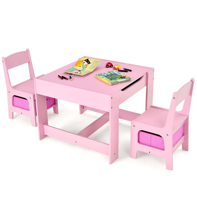 3 In 1 Kids Wood Table Chairs Set With Blackboard Amp Storage Drawers Children Multi Activity Table For Learning Playing Drawing - High Quality Set For Everyday Use