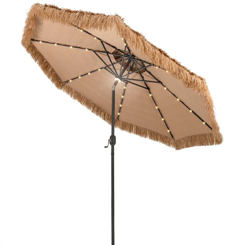 10 Ft Thatched Tiki Patio Umbrella With 32 Led Solar Lights 2 Tier Hawaiian Style Grass Beach Umbrella