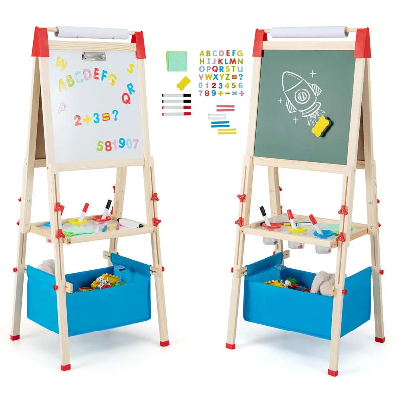 3 In 1 Easel For Kids Wooden Height Adjustable Double Sided Toddler Easel With Magnetic Chalkboard Amp White Board Paper Roll