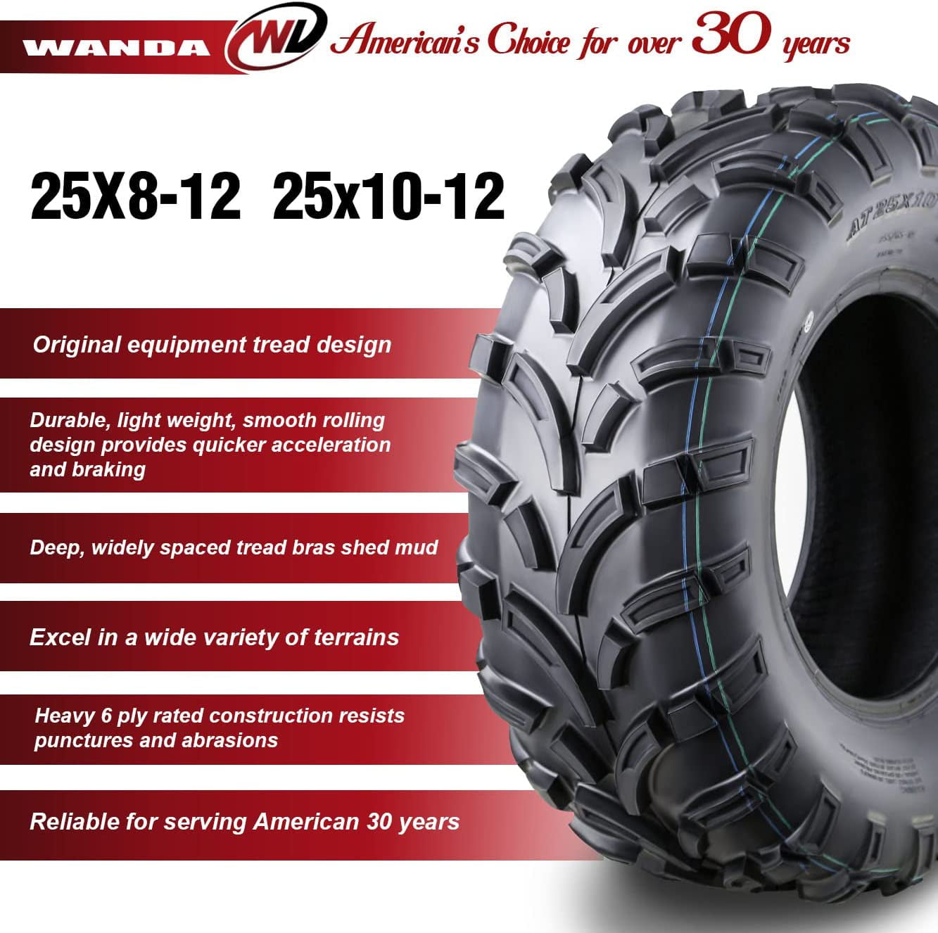 Wanda ATV/UTV Tires 25x8-12 Front and 25x10-12 Rear /6PR P373, Set 4
