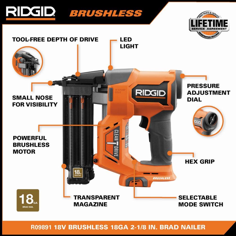 18V Brushless Cordless 18-Gauge 2-1/8 in. Brad Nailer w/ Brushless 16-Gauge 2-1/2 in Straight Finish Nailer (Tools Only) R09891B-R09892B