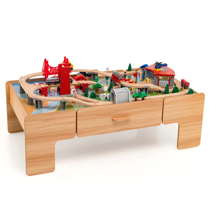2 In 1 Wooden Toddler Train Table Kids Activity Table Set With Storage 100 Multicolor Pieces Tracks Trains Cars Reversible Tabletop - High Quality Set For Everyday Use