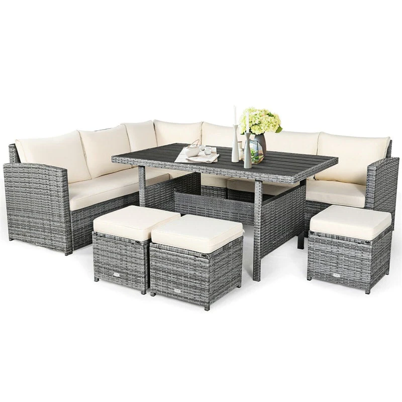 7 Pcs Rattan Patio Dining Furniture Sectional Sofa Set With Dining Table Ottomans Amp Cushions - High Quality Set For Everyday Use