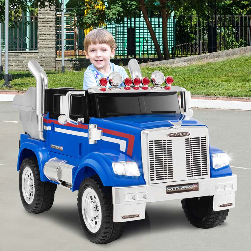 12V Licensed Freightliner Kids Ride On Truck Battery Powered Trailer Rc Riding Toy Car With Dump Box Amp Lights