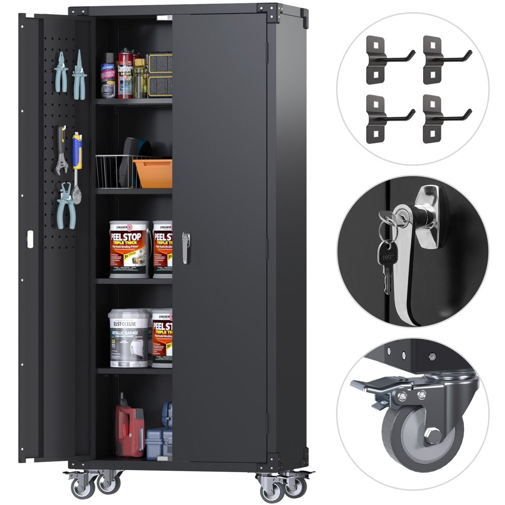 GangMei 72 in Metal Garage Storage Cabinet with Wheels and Pegboard, Black Tall Rolling Tool Cabinet with 4 Adjustable Shelves